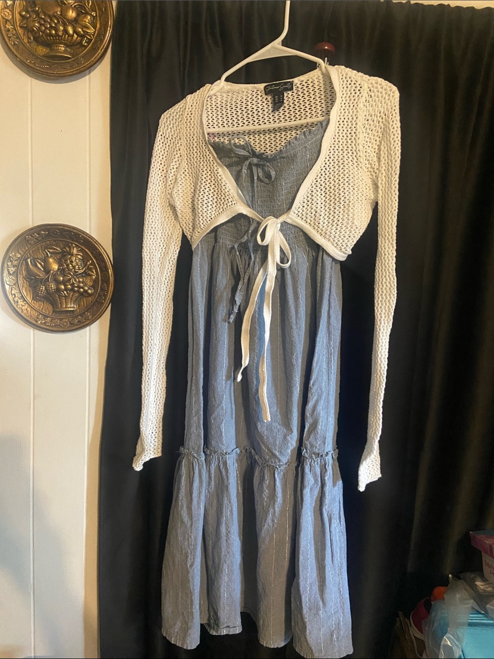 Blue Tiered Sundress with White Knit Bolero